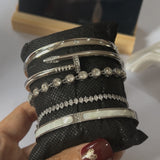 Stackable 5 Silver Bracelets Set Non-Tarnish